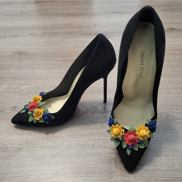 Sarah Flint Shoes - Sarah Flint Perfect Pump 100 Black Suede Floral Applique Heels Women US 8.5 38.5